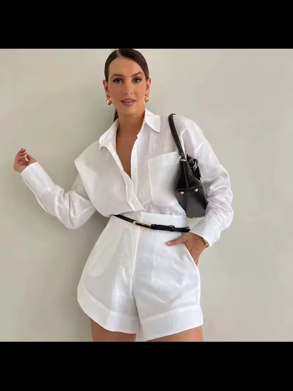 Crisp White Linen Button-Up Shirt & High-Waist Shorts Set